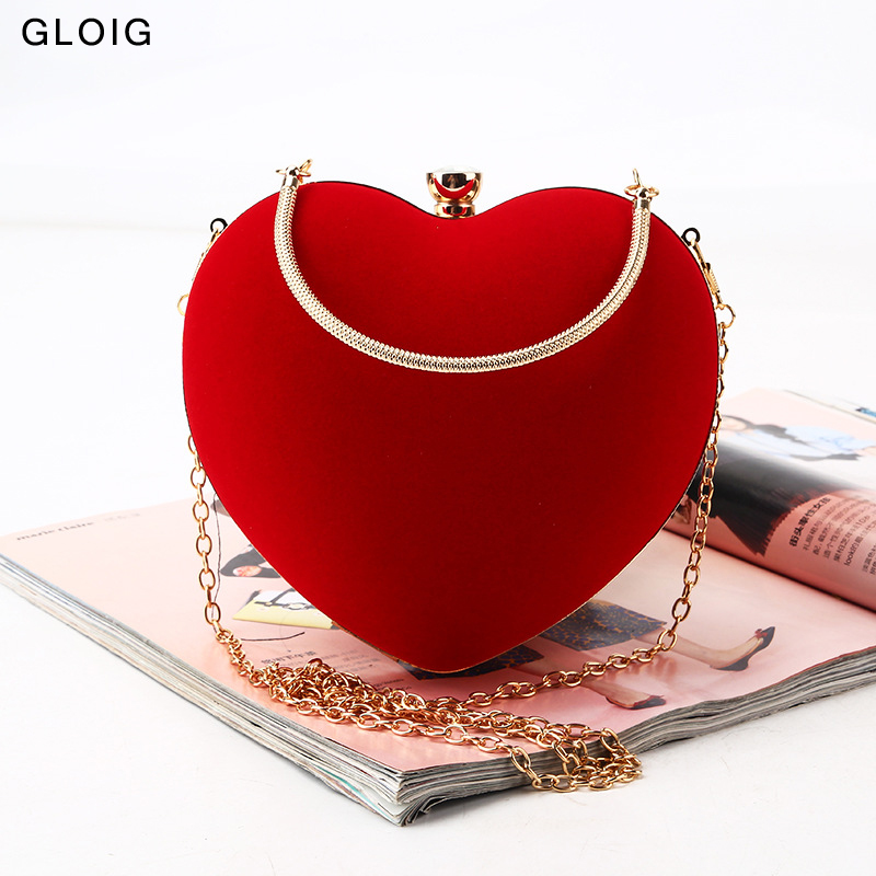 Women Bags Golden - กระเป๋าถือสำหรับปาร์ตี้กระเป๋างานราตรีกำมะหยี่สีทองกระเป๋าคลัทช์ผู้หญิงรูปหัวใจสีแดงเพชรเม็ดเล็กกระเป๋าสำหรับผู้หญิง