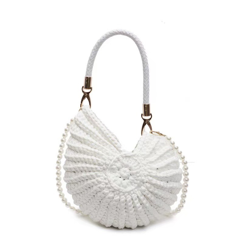 Women Bags Handmade - กระเป๋าถือโครเชต์รูปทรงเปลือกหอยสุดสร้างสรรค์สำหรับผู้หญิง กระเป๋าสะพายไหล่ประดับมุกน่ารัก โซ่เก๋ไก๋ งานแฮนด์เมด กระเป๋าถือแบบสะพายข้าง กระเป๋าถือขนาดเล็กแปลกใหม่