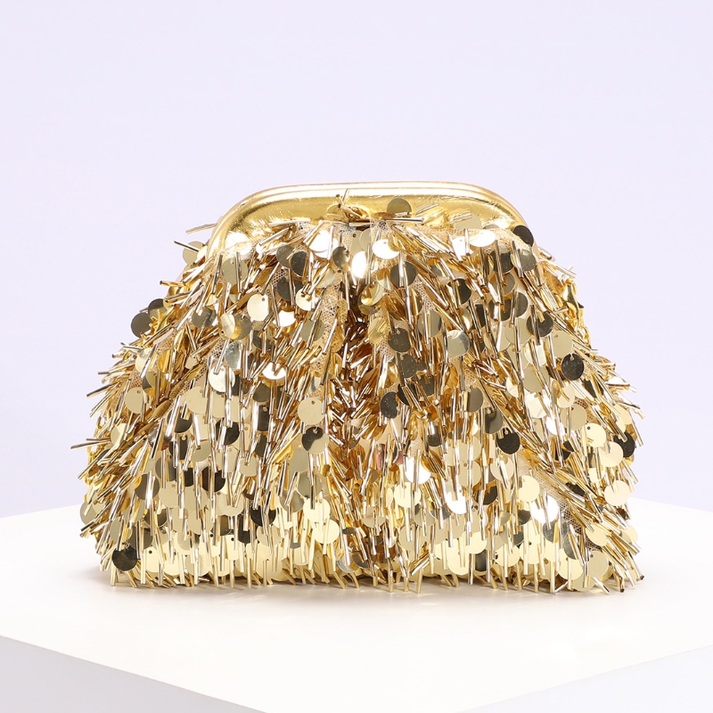 Women Bags Golden - กระเป๋าคลัทช์ปักเลื่อมสีทองสำหรับผู้หญิง ดีไซน์ทันสมัย ประดับด้วยลูกปัด เหมาะสำหรับงานเลี้ยง งานแต่งงาน งานพรอม