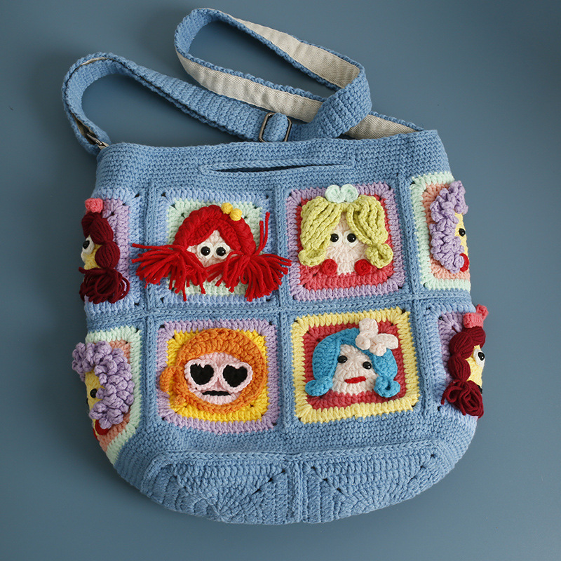 Women Bags Handmade - กระเป๋าถักโครเชต์แฮนด์เมดลาย Granny Square แบบสะพายข้าง, กระเป๋าสะพายไหล่ลายการ์ตูน 3