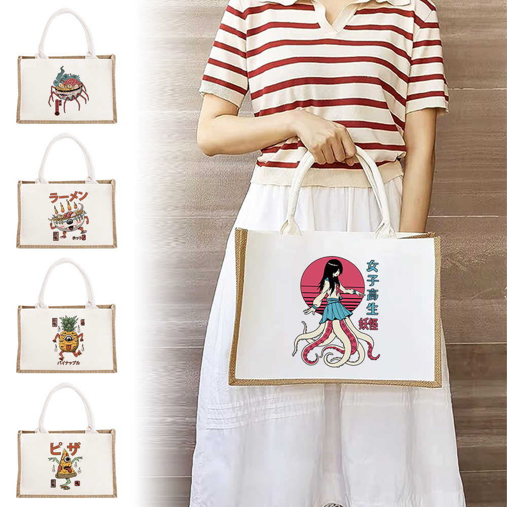 Women Bags Jute - กระเป๋าผ้าแคนวาสลายมอนสเตอร์น่ารัก สำหรับงานแต่งงาน ของขวัญเพื่อนเจ้าสาว ของที่ระลึกงานปาร์ตี้ กระเป๋าช้อปปิ้งผ้ากระสอบ