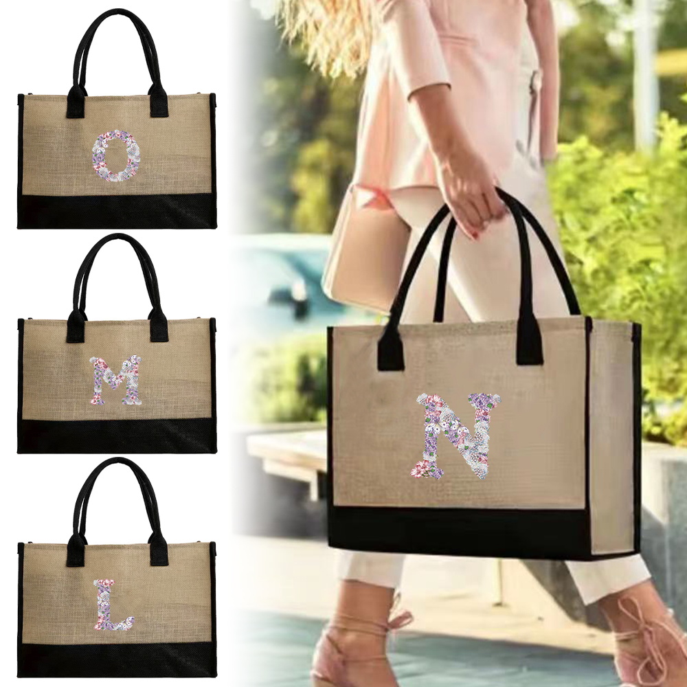 Women Bags Jute - กระเป๋าช้อปปิ้งผ้าปอกระเจา กระเป๋าเดินทางชายหาดสำหรับสุภาพสตรี กระเป๋าผ้าปอกระเจาขนาดใหญ่แบบใช้ซ้ำได้ กระเป๋าโท้ท กระเป๋าถือ พิมพ์ลายดอกกุหลาบ