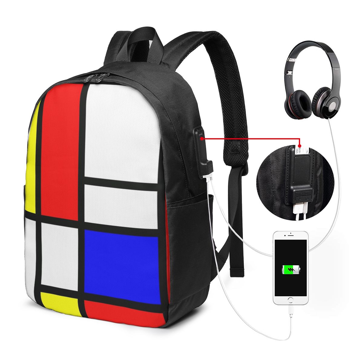 Women Bags For Travel - พีเอ็ต มอนดริแอน คอมโพซิชั่นกระเป๋าเป้สะพายหลังกระเป๋าใส่โน๊ตบุ๊คสำหรับเดินทางคอมพิวเตอร์กระเป๋านักเรียนนักศึกษากระเป๋าสะพายแล็ปท็อปสำหรับผู้ชายผู้หญิง