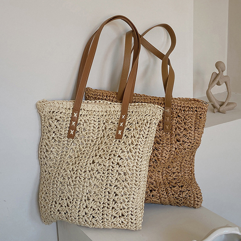 Women Bags Handmade - Square Hollow Straw กระเป๋าชายหาด Handmade ทอกระเป๋าสะพาย