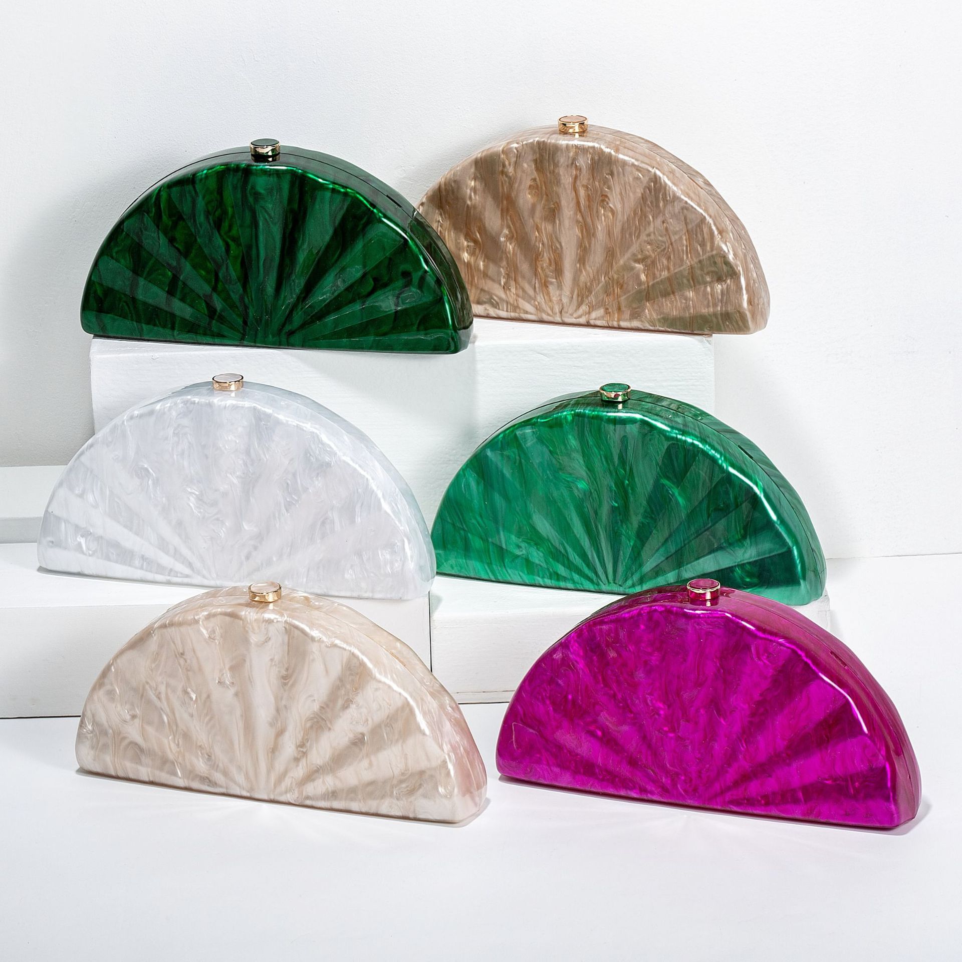 Women Bags Offers - ผู้หญิง Half Moon วงกลมรูปบาร์เรลอะคริลิคกล่องวันคลัทช์กระเป๋าถือ Marble Mini