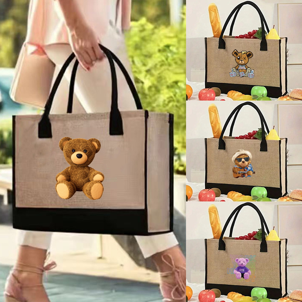 Women Bags Jute - กระเป๋าผ้าปอกระเจาแนววินเทจกระเป๋าช้อปปิงผ้าลินินกระเป๋าชายหาดฤดูร้อนกระเป๋าถือแบบพกพาเป็นมิตรกับสิ่งแวดล้อมความจุสูงลายหมี