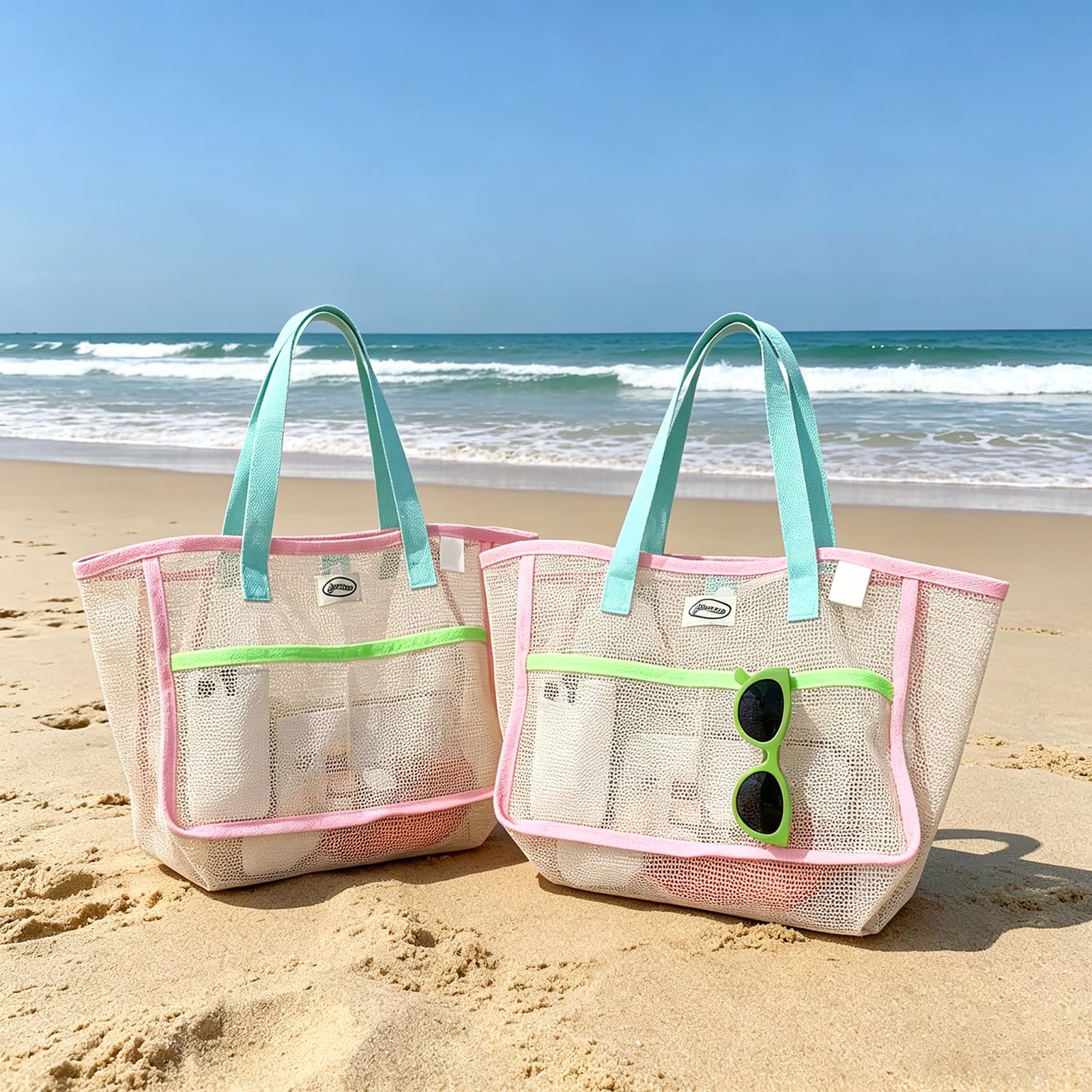 Women Bags Casual - กระเป๋าชายหาดสำหรับผู้หญิง กระเป๋าตาข่ายพับได้หลากสี กระเป๋าใส่ทราย กระเป๋าเดินทาง กระเป๋าเก็บของสำหรับสระว่ายน้ำ สำหรับอุปกรณ์ชายหาด