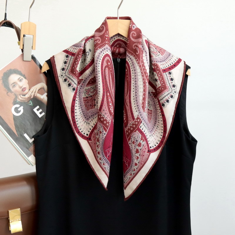 Women Bags Handmade - ผ้าพันคอไหมพิมพ์ลายเพสลีย์ขนาดเล็ก 65 ซม. ขอบเย็บมือ ผ้าพันคอหรูหรา ผ้าพันคอไหมผสมขนสัตว์