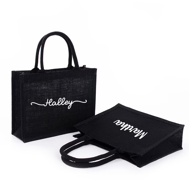Women Bags Jute - ส่วนบุคคลสีดํา Burlap Tote กระเป๋าที่กําหนดเองชื่อ Burlap Jute