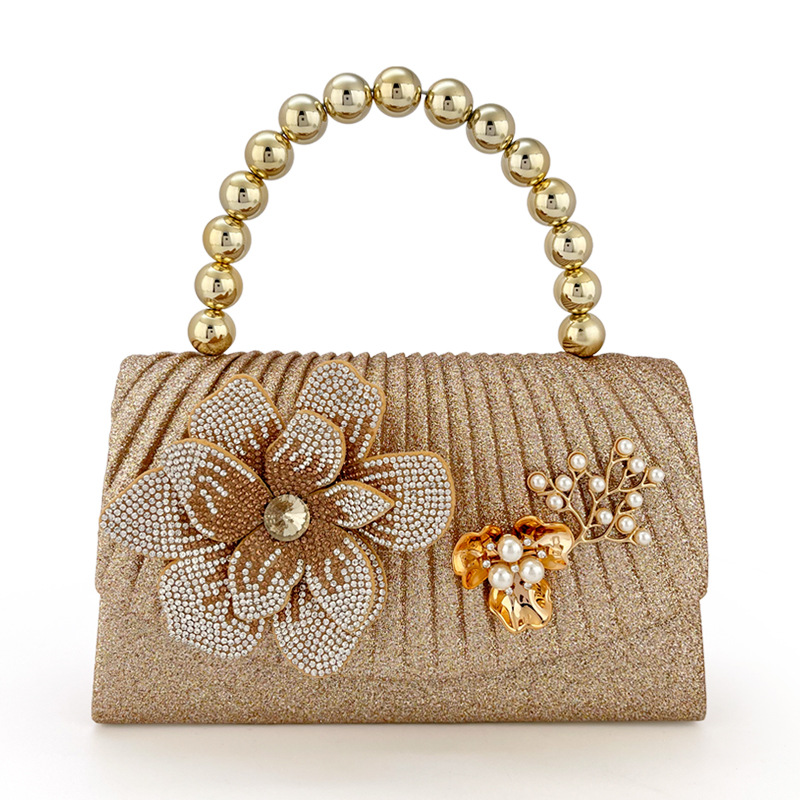 Women Bags Golden - กระเป๋าใส่อาหารค่ำรูปดอกไม้ประดับเพชรระยิบระยับสีทอง, กระเป๋าถือประดับลูกปัดโลหะ, กระเป๋าใส่ชุดเดรส