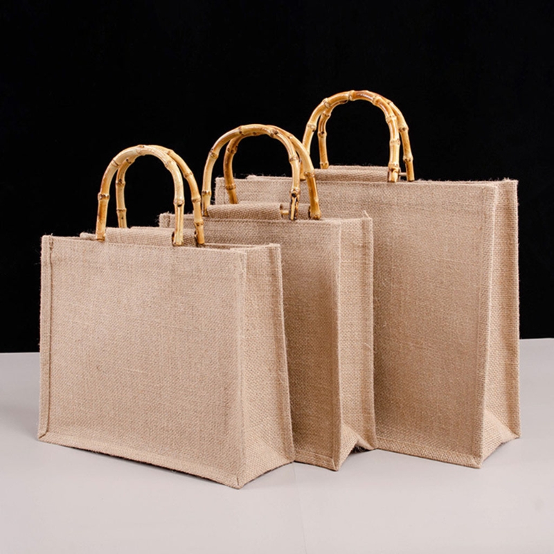 Women Bags Jute - แบบพกพา Burlap กระเป๋าช้อปปิ้งกระเป๋าถือไม้ไผ่ห่วง Tote Retro DIY
