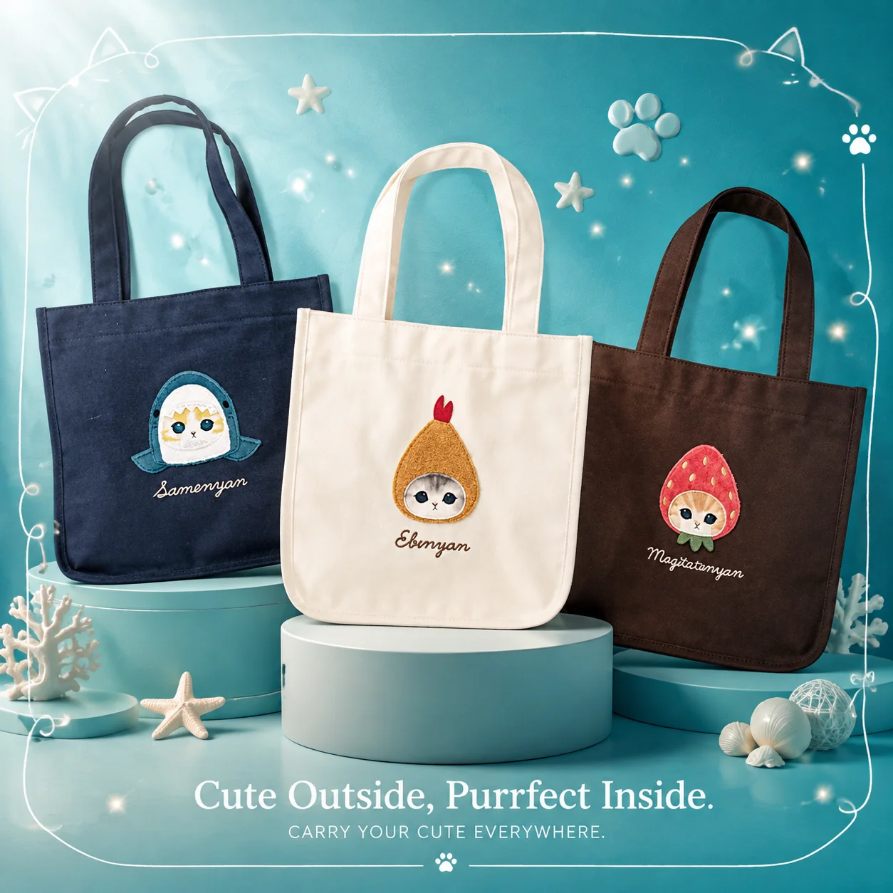 Women Bags Handmade - กระเป๋าผ้าแคนวาสสะพายไหล่ลายการ์ตูนแมวฉลามน่ารักสไตล์ญี่ปุ่น Mofusand รุ่นใหม่ ทำมือ สำหรับผู้หญิงและเด็กผู้หญิง