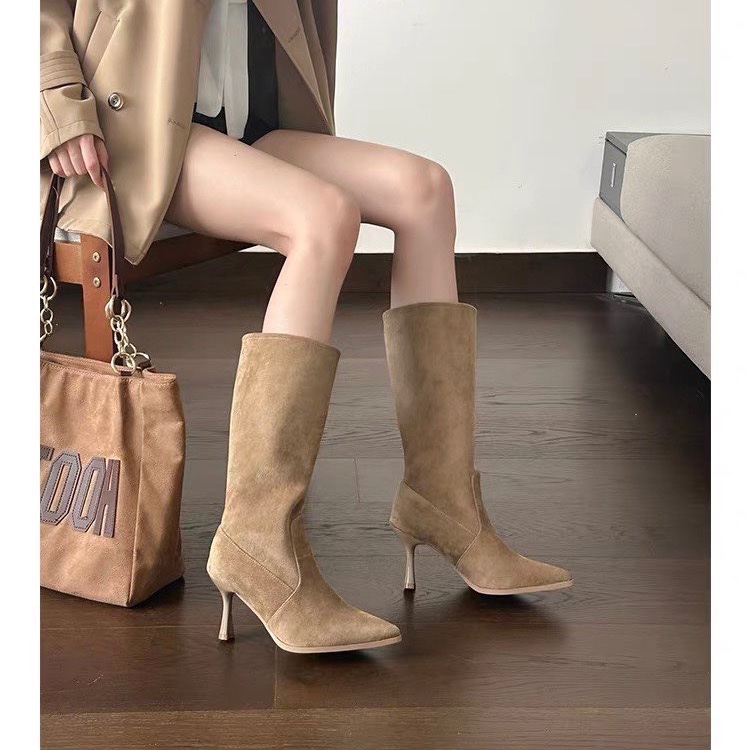 รองเท้าบูทหนังวัวแบบสวม ส้นสูง - Women Bags In Sale บทวิจารณ์และราคา